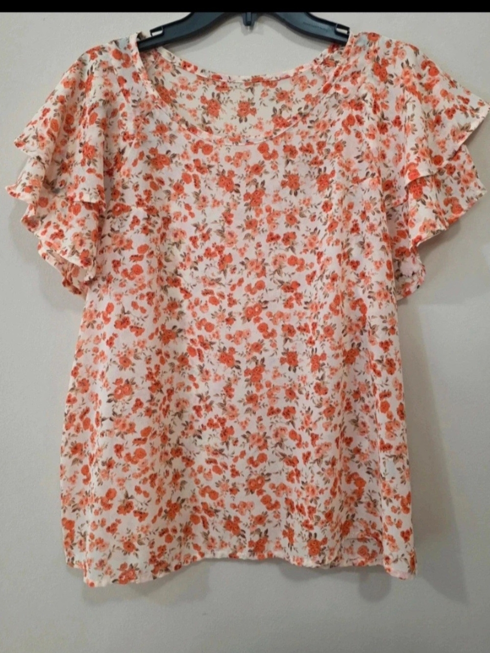 Women's Cream Floral Flutter Sleeve Blouse in Orange